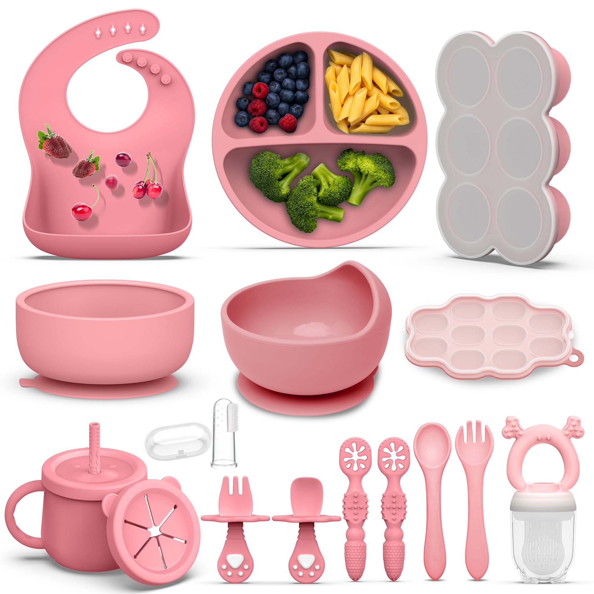Photo 1 of 16 Pack Silicone Baby Feeding Set, BPA-Free Baby LED Weaning Supplies, Include Suction Plates, Baby Bowls, Silicone Fork & Spoon, and More, First Stage Baby Food Eating Utensils - 6+ Months(Pink, 16)