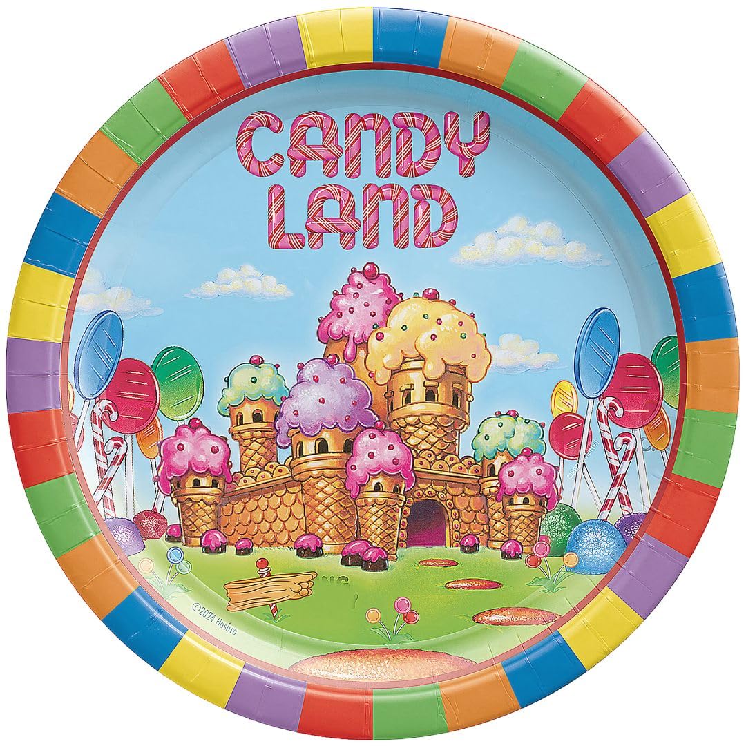 Amscan Wielokolorowe okrągłe talerze Candyland (18 cm), 8 sztuk, żywa zastawa stołowa na urodziny, uroczystości i wydarzenia