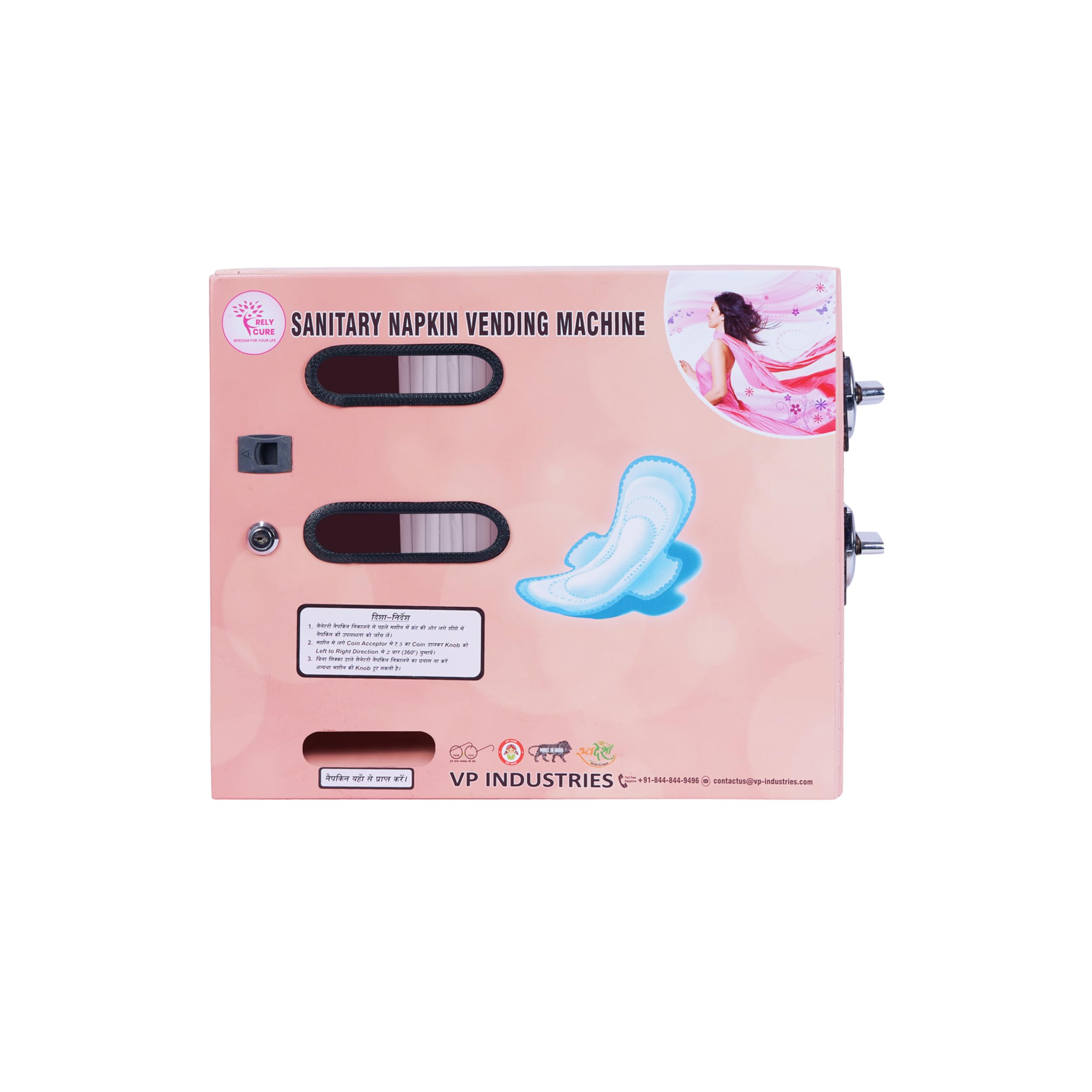 Relycure®⇒VP Industries (Manually Operated with 5 ₨ Coin | Capacity-60 Pads) Sanitary Napkin Vending Machine | Operates by Inserting a 5 Rs Coin and Rotate a knob @ 360 Degrees to Dispense a Napkin-image-3