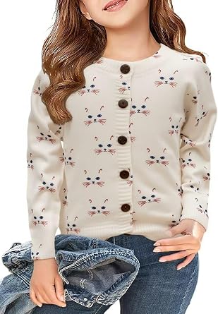Girls Funny Fall Winter Animal Floral Christmas Long Sleeve Button Knit Cardigan Sweater 5-14 Years Boys