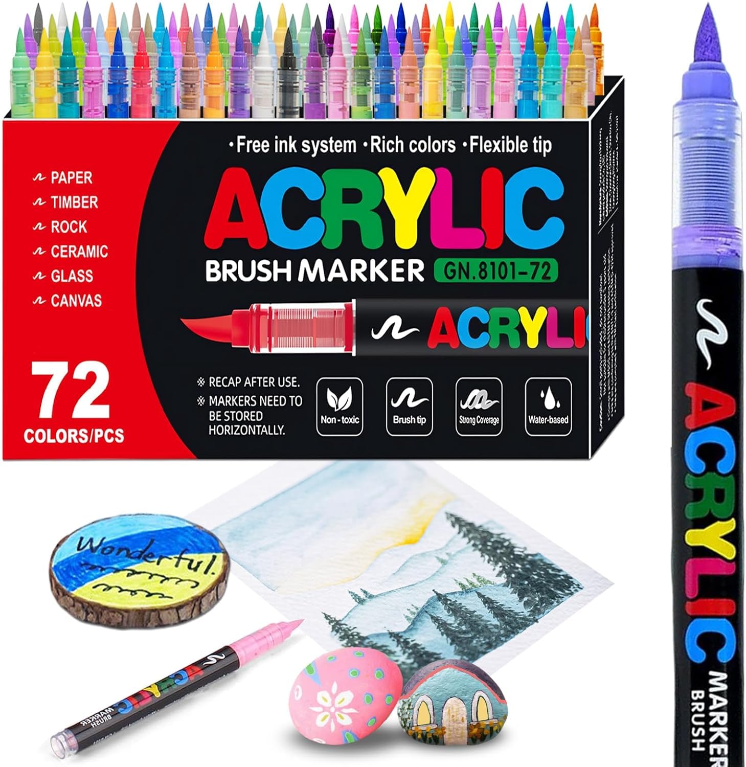 72 Colors acrylic paint Pens - Soft Brush Tip Acrylic Markers, Quick-Drying Waterproof Acrylic paint Markers for Canvas, Wood, Metal, Ceramic, Stone, Egg, Rock Painting and DIY Art Crafting