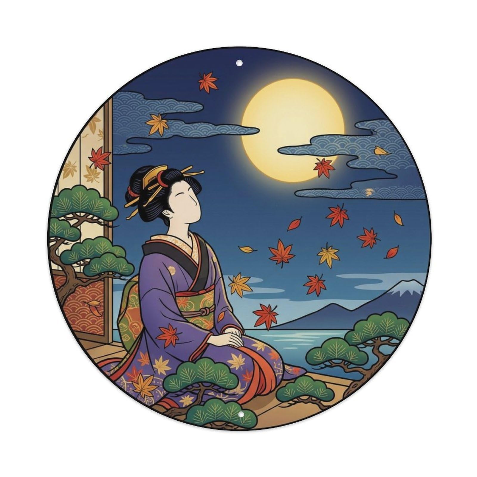 Japanese Geisha Autumn Moon Observing Leaves Falling Metal Tin Sign