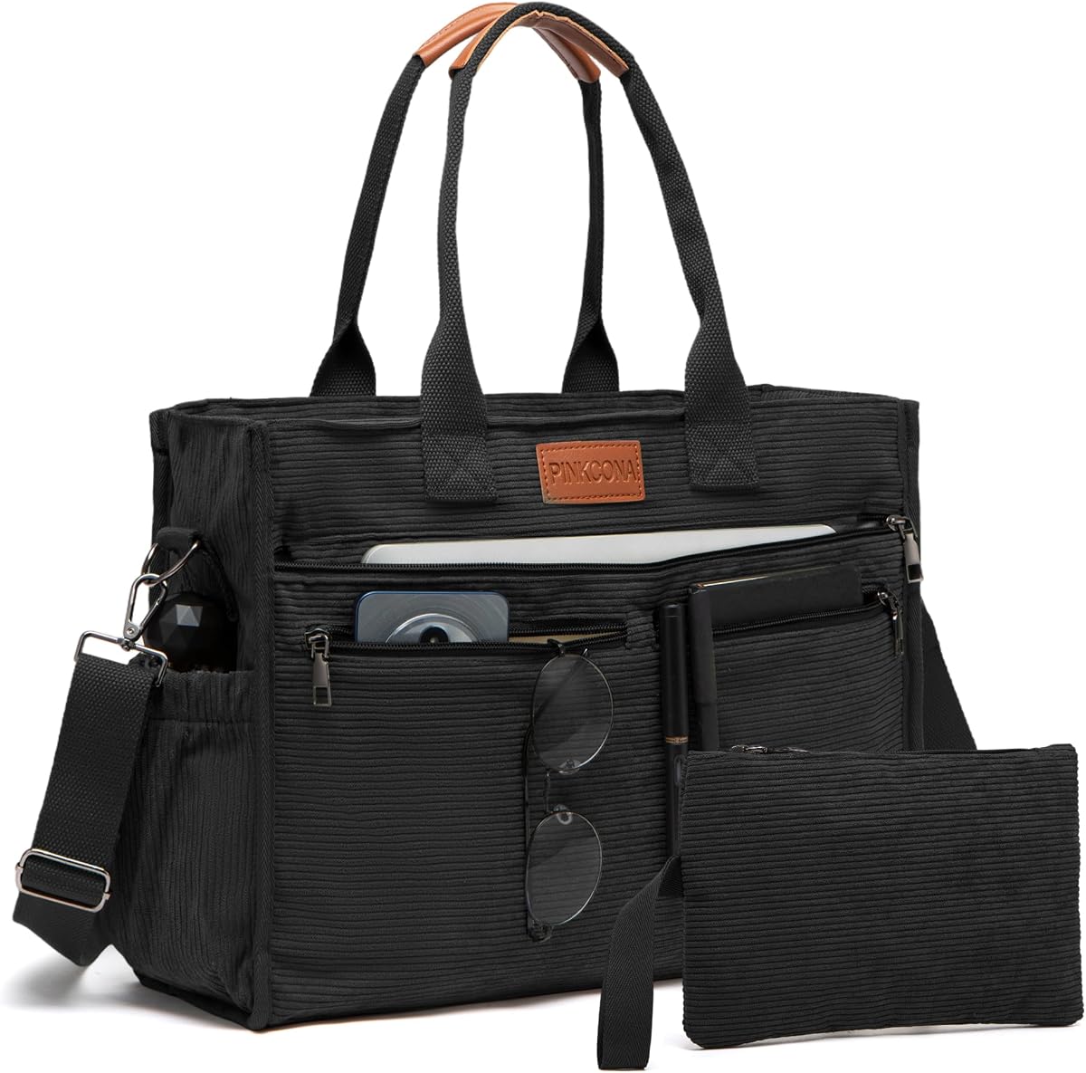 Corduroy Tote Bag for Women 2Pcs Set, 14-Pocket Lightweight Laptop Work Tote, Teacher & College Travel Crossbody Bag