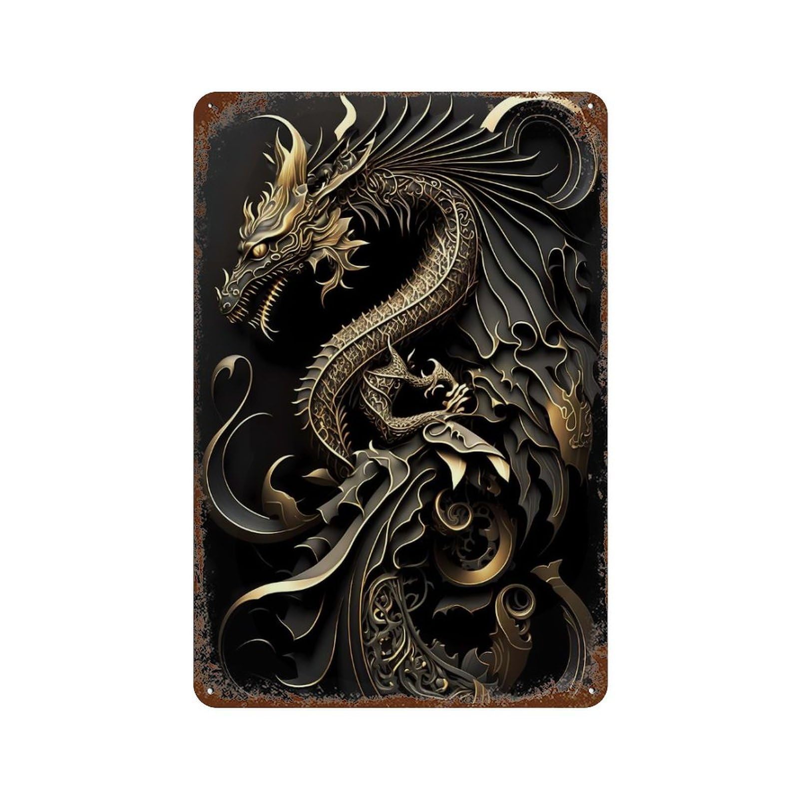 Weathered Tin Sign with Flying Dragon Art Deco Design 11.8"x7.9", for Office, Studio And Wall Decor, Retro Wall Decor