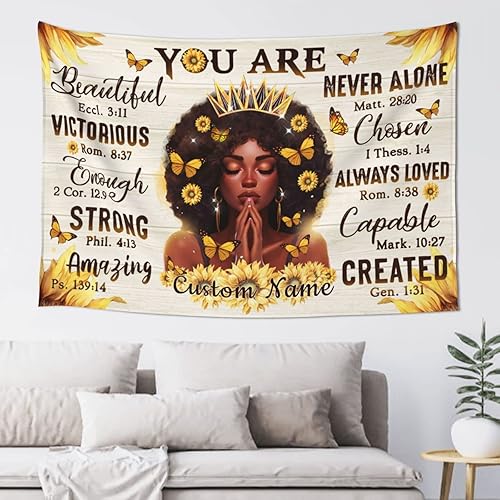 Miniatura 9 de Tapiz personalizado de niña negra con nombre personalizado afroamericano motivacional para colgar en la pared, para mujeres negras, meditación de