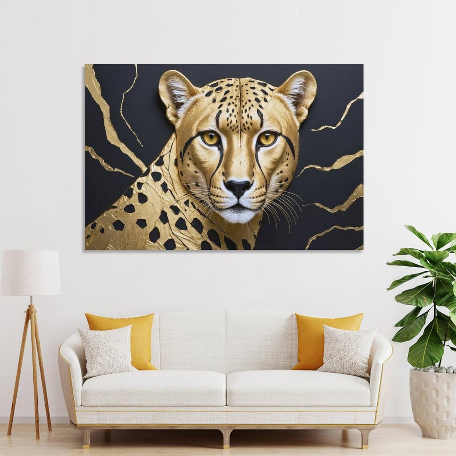 Junmoney Golden Cheetah Portrait on Black Background Room Decor Wall Art 24x36inch(60x90cm), for Bedroom, Guest Room Or Reading Nook, An Easy Wall Refresh for Bedrooms