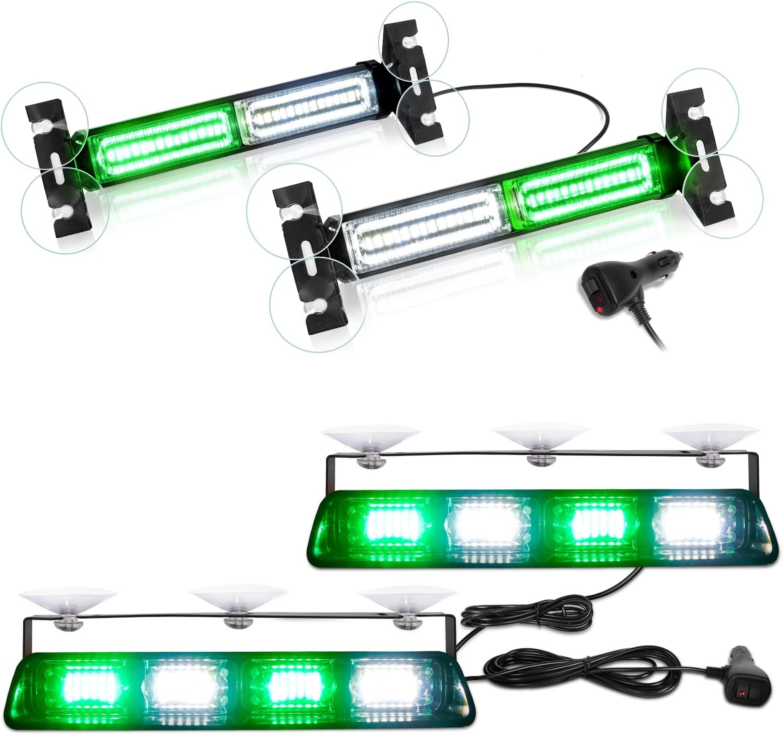 HLautoBundle-2 Items: 1002L Emergency Strobe Traffic Advisor Light Bar, 40LED 2x10.7 Safety Warning Flashing Light (Green White) + 2002L Dash Strobe Lights, 48 LED 2x8.5 Hazard Lights (Green White)