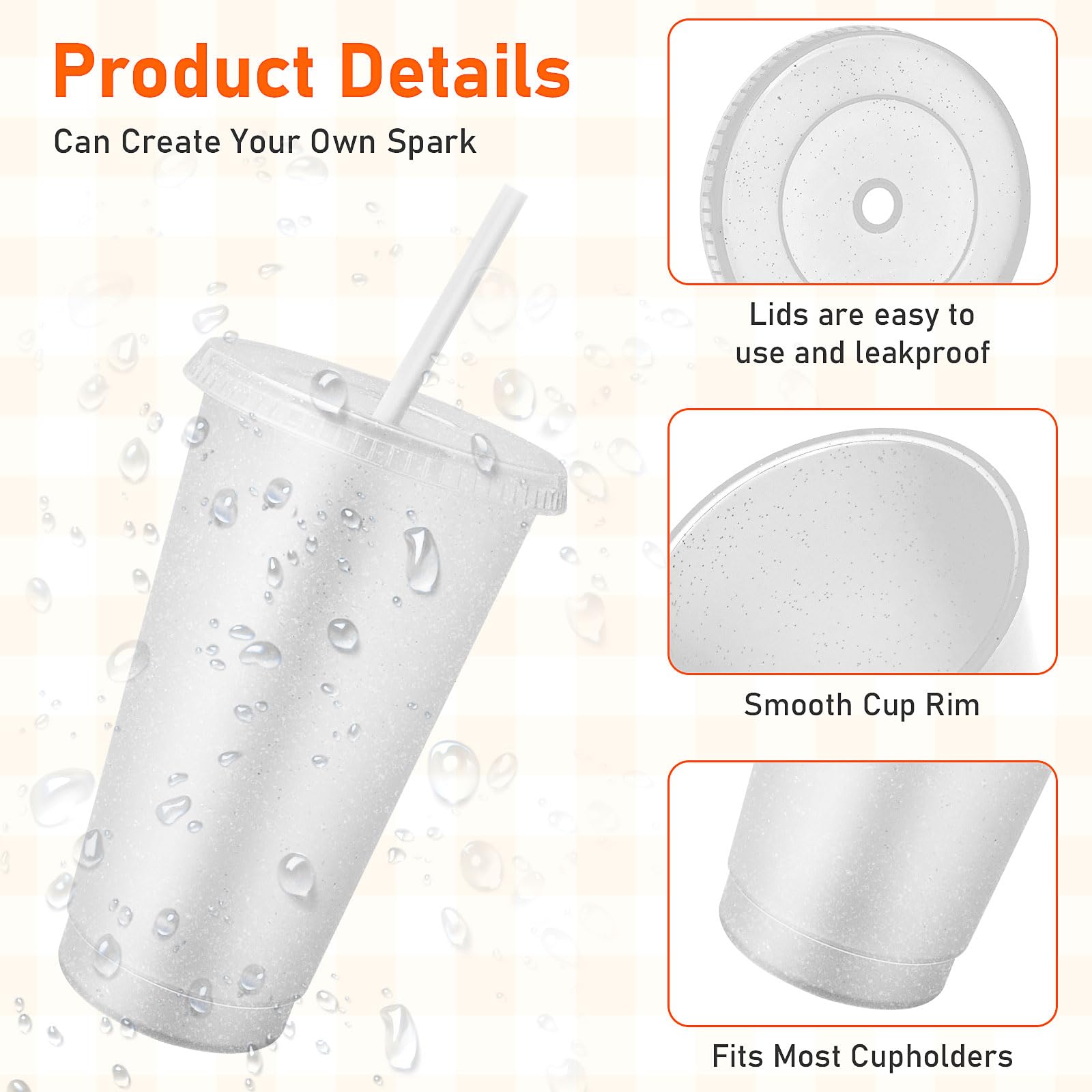 24 tazas reutilizables con tapas y popotes, vaso de café helado con purpurina de 24 onzas, taza de viaje de plástico para jugos de licuados, suministros de fiesta de cumpleaños (transparente)