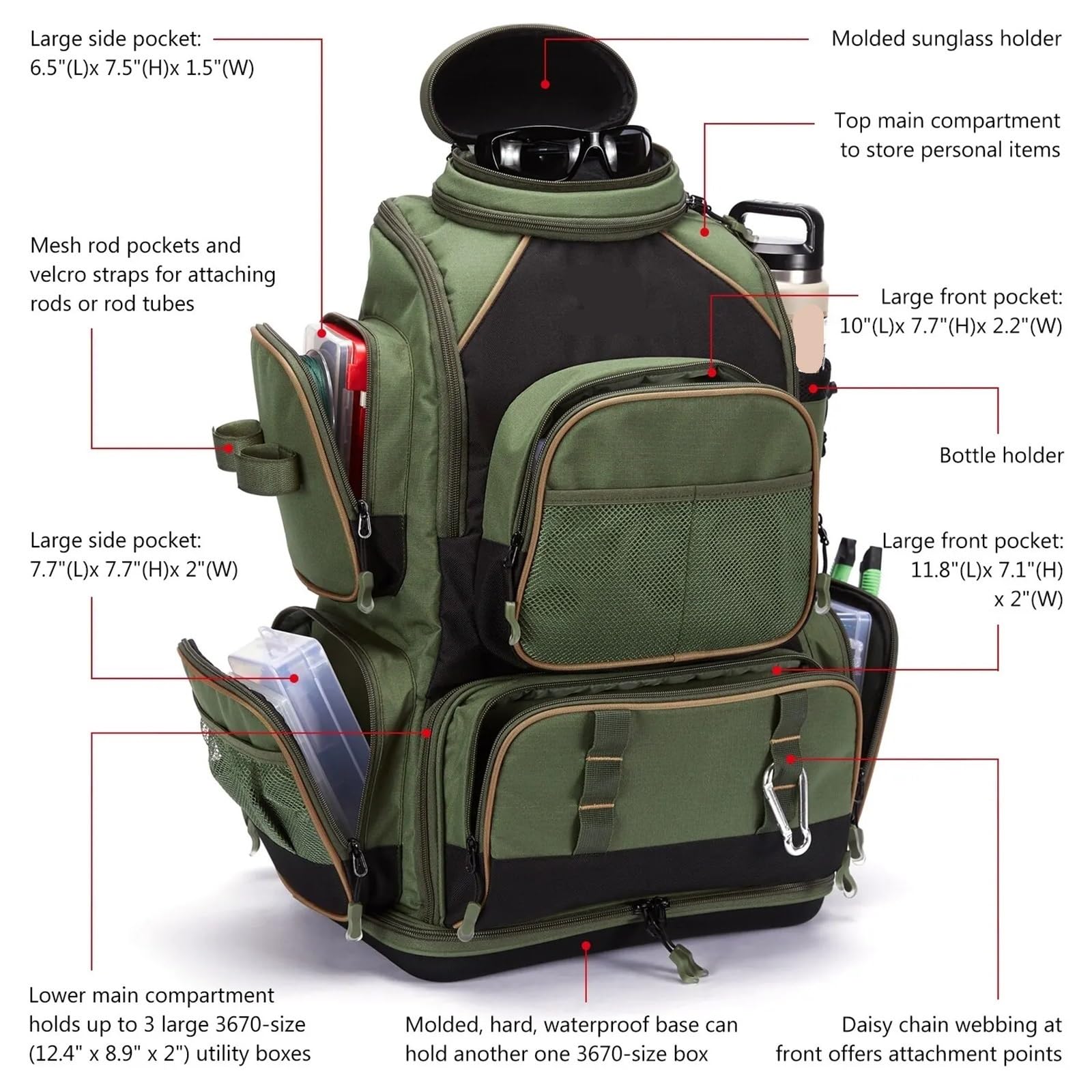 Torba wędkarska, pudełka na przybory wędkarskie, Plecak wędkarski z pokrowcem przeciwdeszczowym, wielokolorowy, 18,1 x 11,8 23,6 cala(Green)