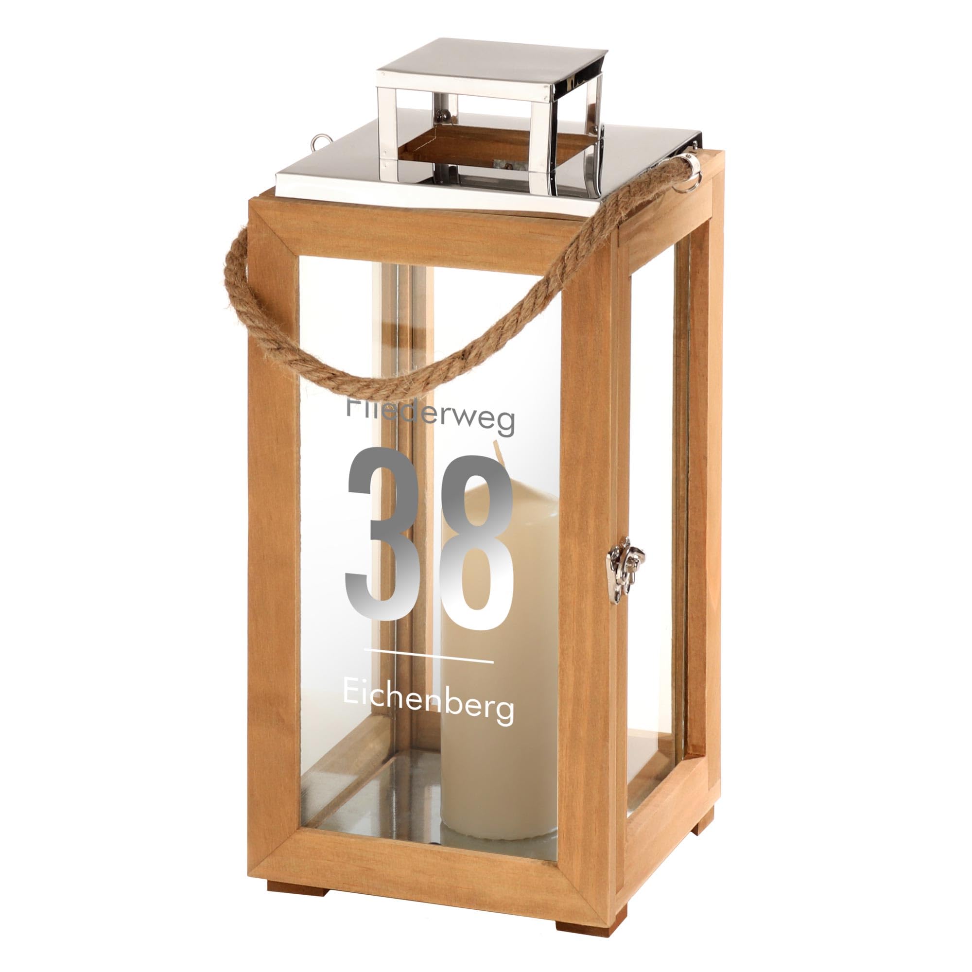 Casa Vivente Rostfreie Laterne aus Holz personalisiert mit Name und Adresse, individuelles Hochzeitsgeschenk für Paare, Garten, Terrasse, Hausflur, rostfrei, Modern