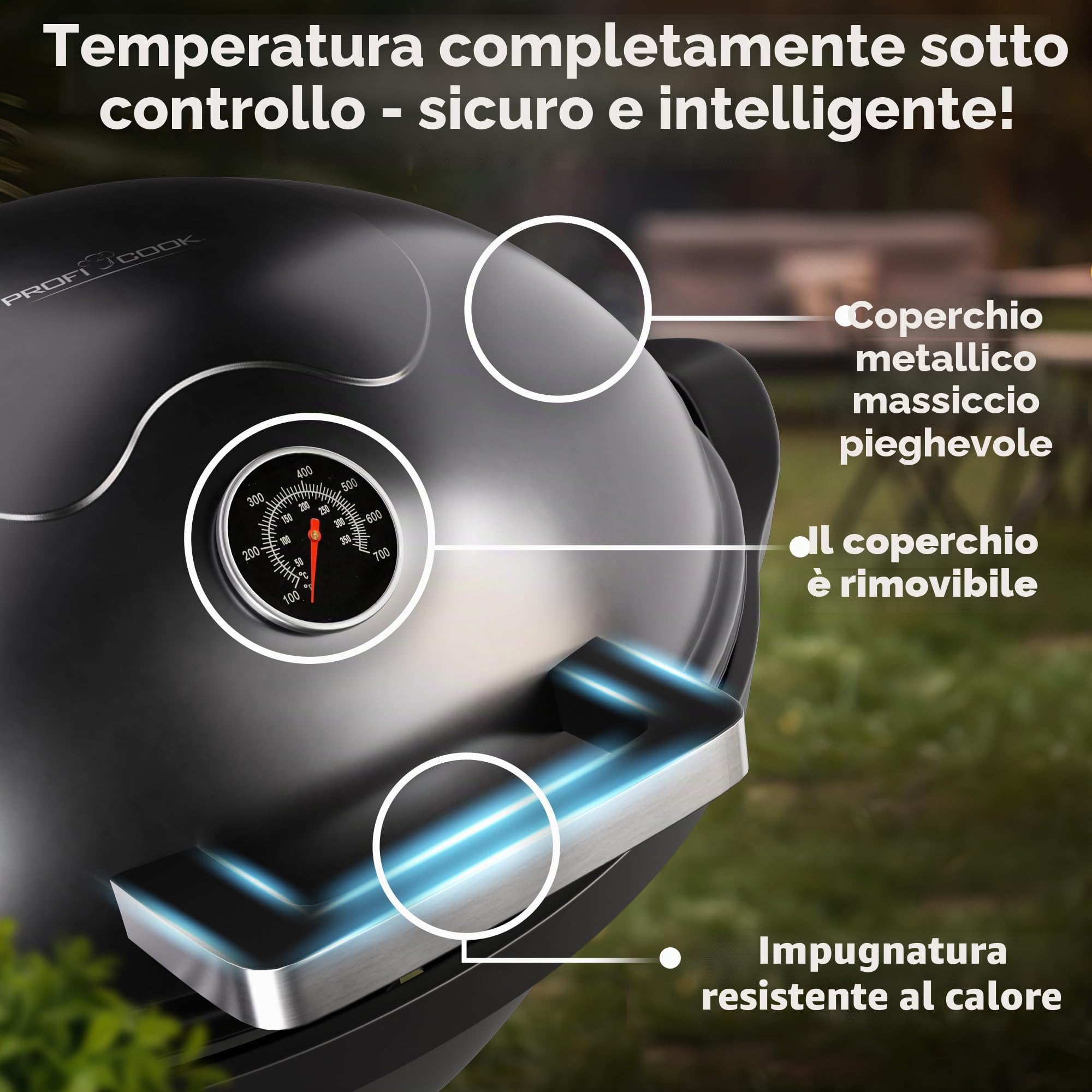 ProfiCook - Barbecue elettrico per interni ed esterni, non fumo, 2400 W, griglia elettrica per balcone, indicatore di temperatura, griglia da tavolo elettrica 2 in 1, PC BQS 1303