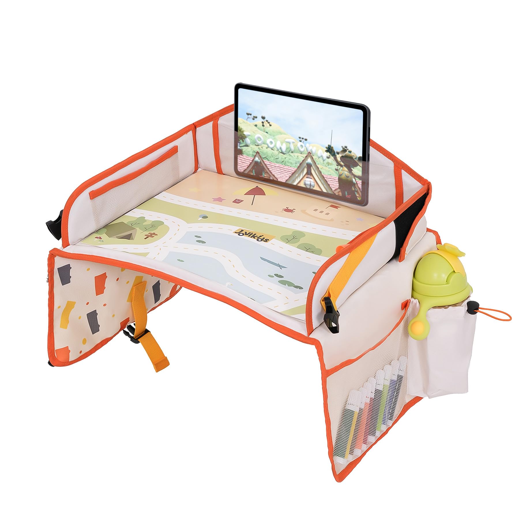 Jovikids Vassoio da Viaggio per Bambini, Tavola da Disegno Cancellabile, Tasca PAD touch screen Tavolino Auto per Bambini, 7 Tasche, Pieghevole e Portatile (beige)
