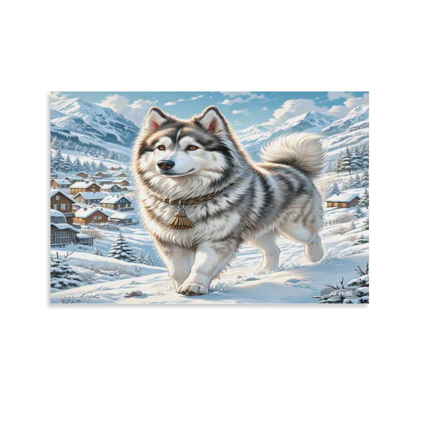 CPLVKWRQJ Snowy Mountain Dog Walking Single Husky Standing Snowy Alpine Village Hillside Framed Canvas Wall Art - Living Room Gallery Wall Statement Piece Fade Resistant Decor 08x12inch(20x30cm)