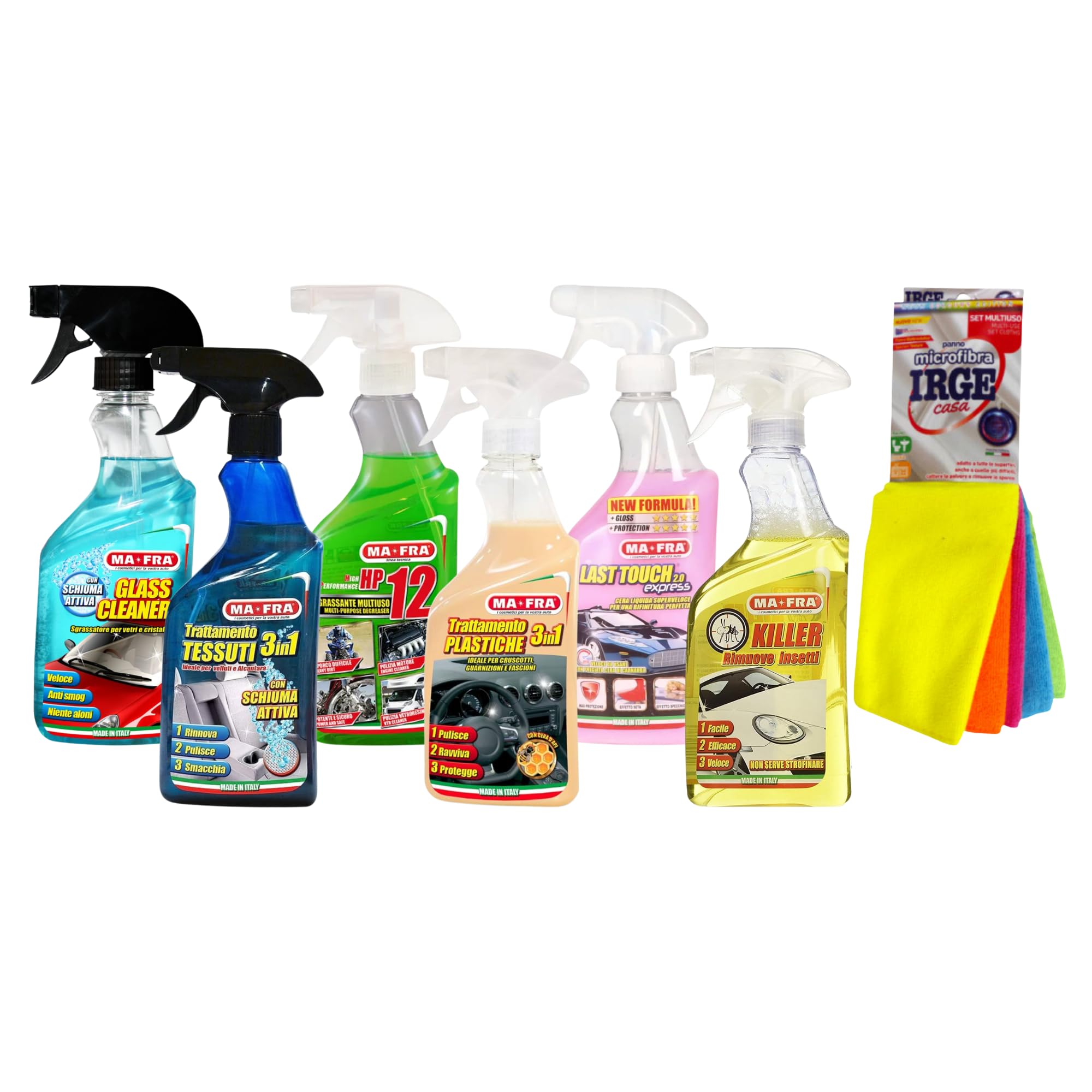 Ma-Fra Kit de traitement auto intérieur et extérieur. 3 en 1 Plastica-Last Touch-HP 12 – Killer élimine les insectes – Glass Cleaner – Traitement