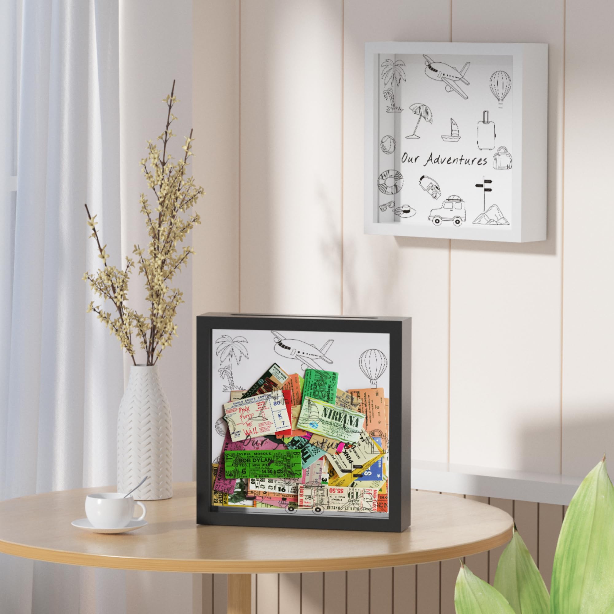 Jackma Travel Tickets Collection Shadow Box Frame, Funny Display Box for Collecting Tickets of Sporting Travelling Events – Piggy Bank Frame Memory Box with Slot on Top, Black 12x12”