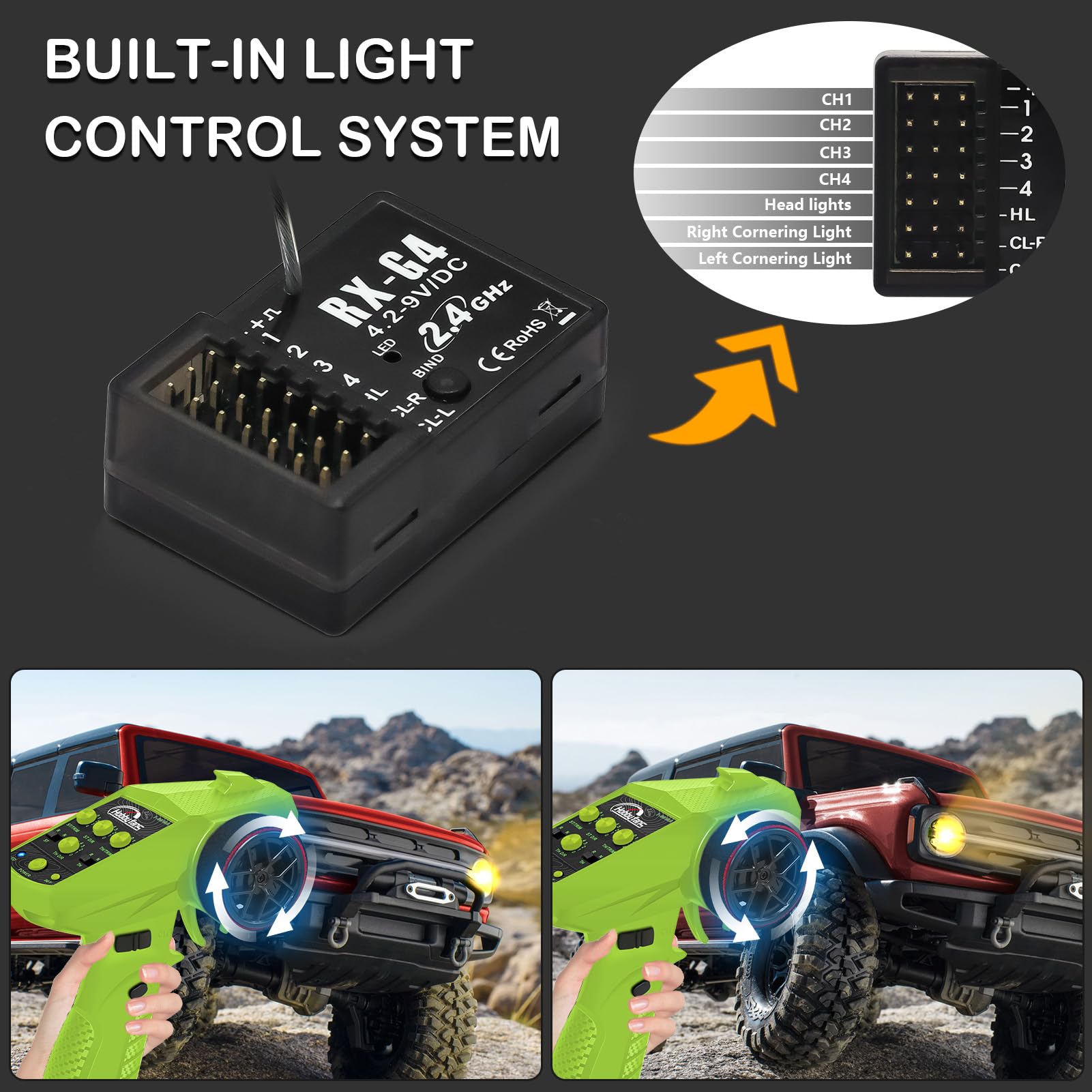 Sistema de radio RC 4CH 2.4G Transmisor RC con receptor y cordón, control remoto antiatascos para coche RC Crawler Boat, verde y negro
