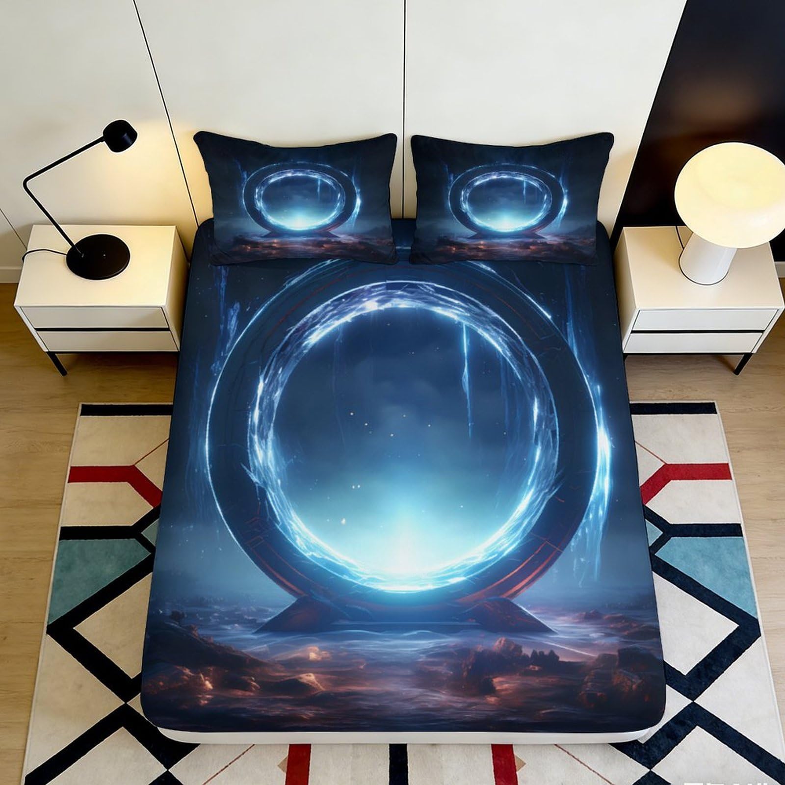 3D Printed Glowing Portal Fitted Sheet Microfiber Soft Breathable Cosmic Nebula Bed Cover for Bedroom Dormitory Guest Room Mattress Protection Decor 160x200x25cm