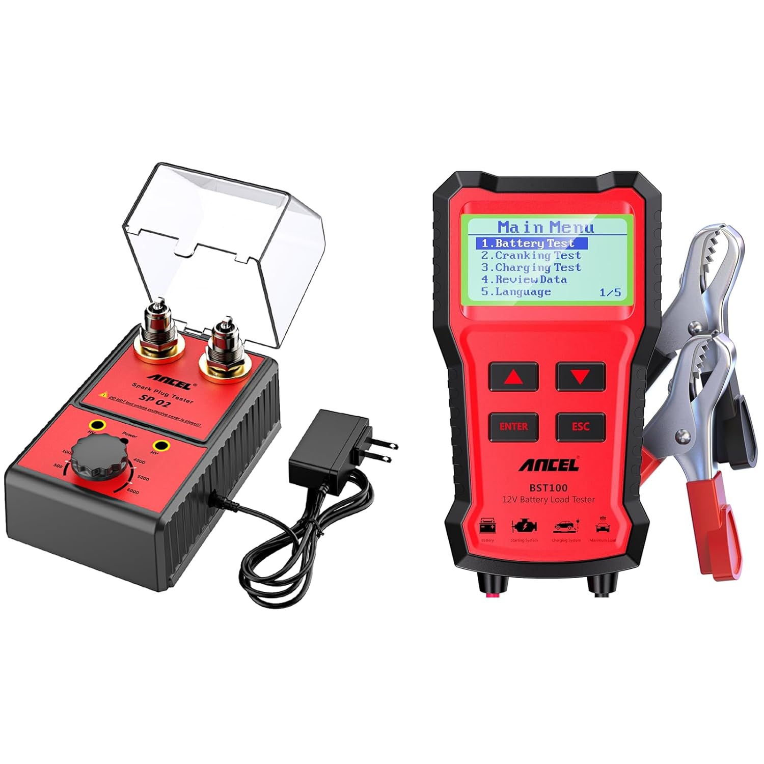 ANCEL SP02 Spark Plug Tester Automotive Engine Ignition Coil Tester Dual Holes, BST100 Car Battery Tester 12V, 100-2000 CCA Load Tester