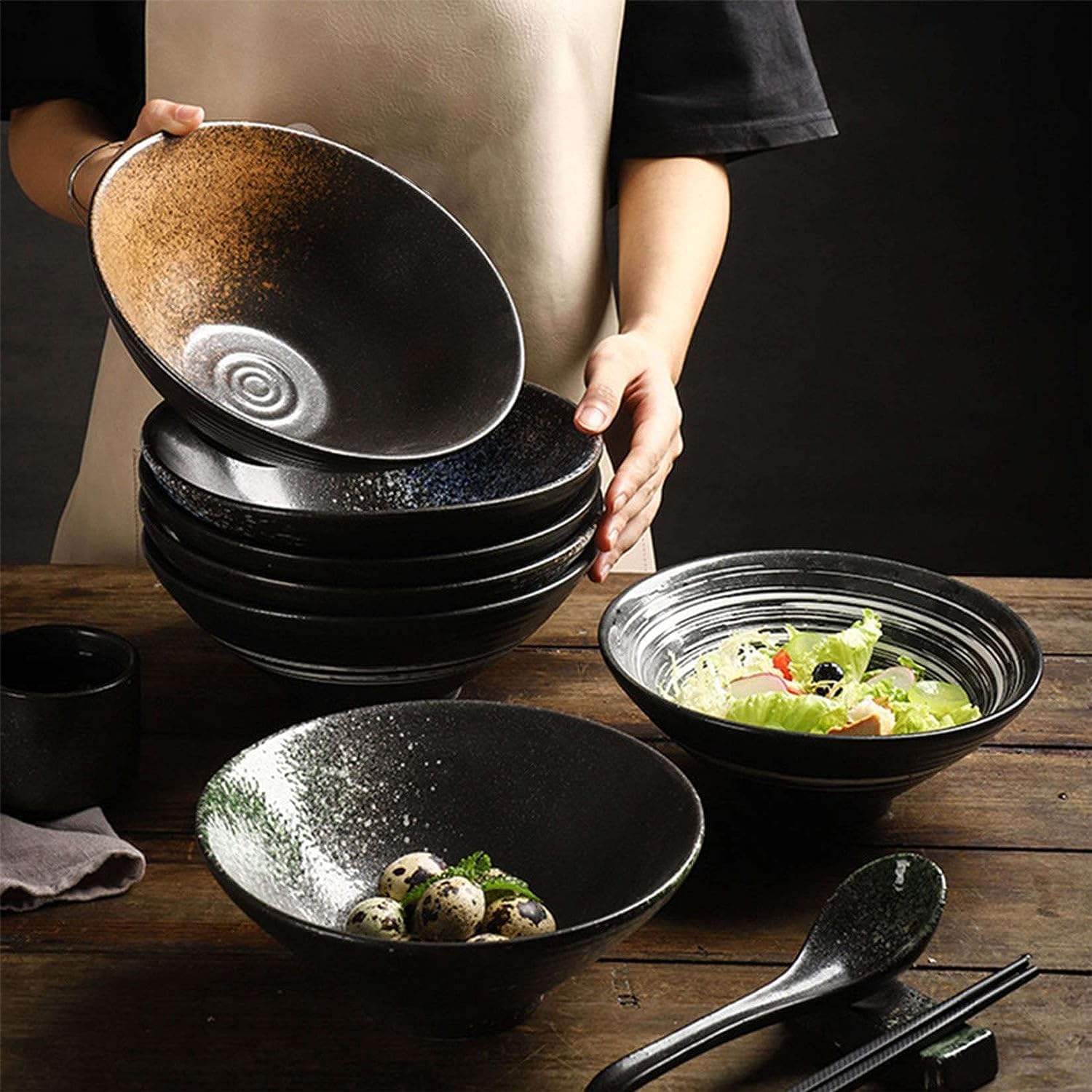 Miska Ramen, miska na sałatkę, miska na owoce, miska na ramen, duże miski do serwowania, duży zestaw 1 ceramiczna miska do Ramen, zestaw misek kuchennych, miski na płatki śniadaniowe, salaterki, 9