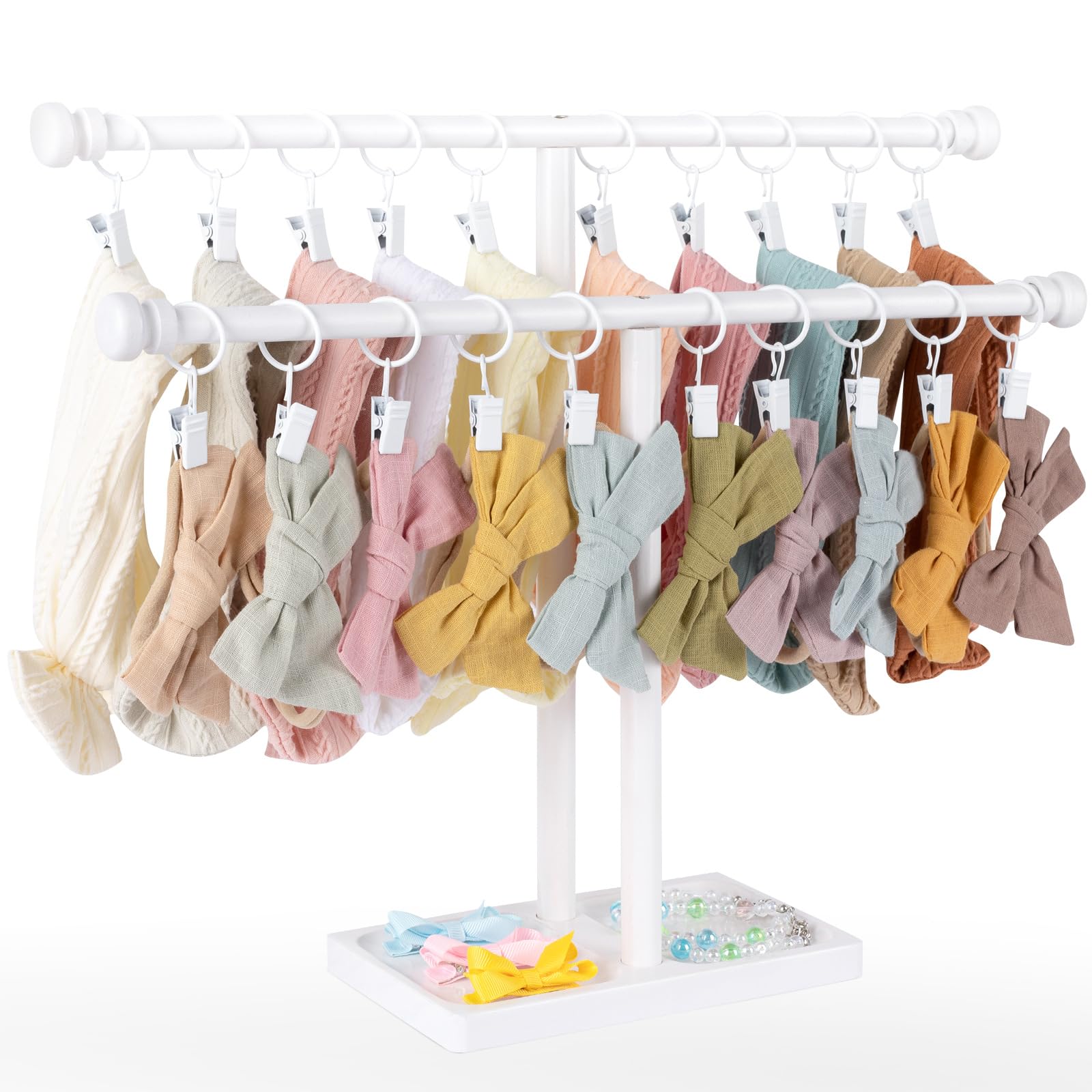 POVETIRE Headband Holder Stand Storage for Baby, 2 Tier Wooden Bow Organizer for Girls Hair Bows, Infant Hair Accessories Rack Display for Nursery Decor