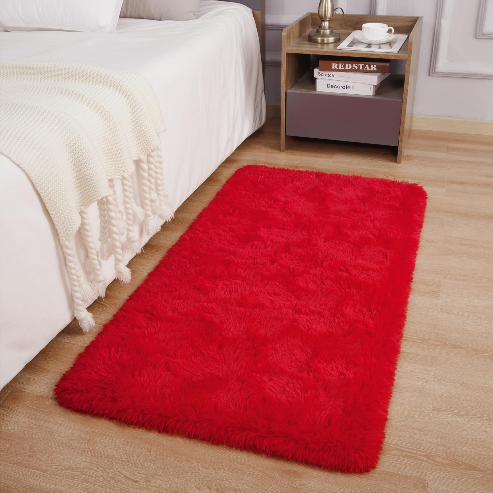 DETUM Red Rug 2x4 Feet - Fluffy Red Runner Rugs for Bedroom Shaggy 2' X 4' Living Room Rug Soft Rugs for Kids Room Non-Slip Nursery Office Dorm
