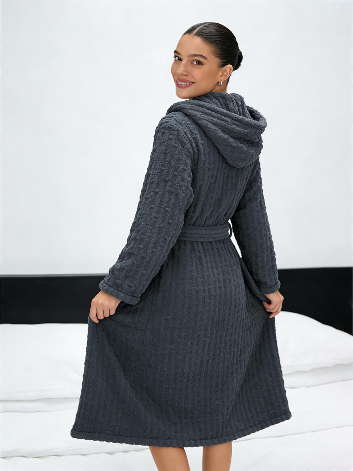 HEARTNICE Fuzzy Soft Robes for Women, Long Plush Hooded Robe Fluffy Warm Bathrobes - Image 4