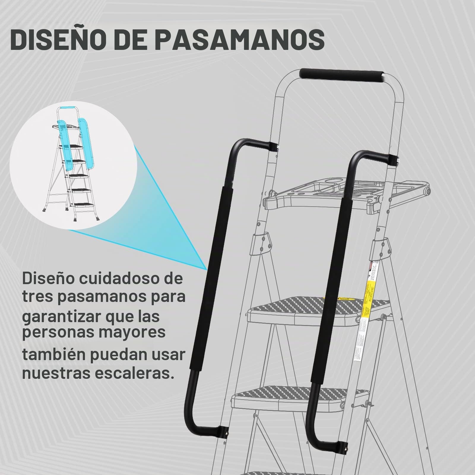 HBTower Escalera 5 Peldaños Plegable con Bandeja Portaherramientas, Escalera Antideslizante de Acero, Capacidad Máxima 150 kg, Ideal para Casa, Garaje y Obra