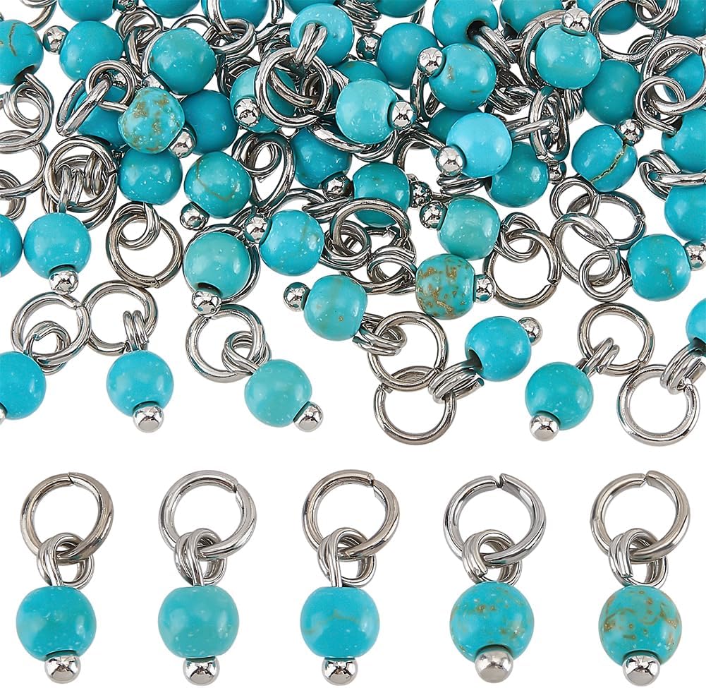 PH PandaHall Turquoise Charms 48pcs Round Synthetic Turquoise Pendants 4mm Gemstone Dangle Charm Blue Stone Drop Charm with Jump Rings for Jewelry Making Necklace Bracelet Earring DIY Craft