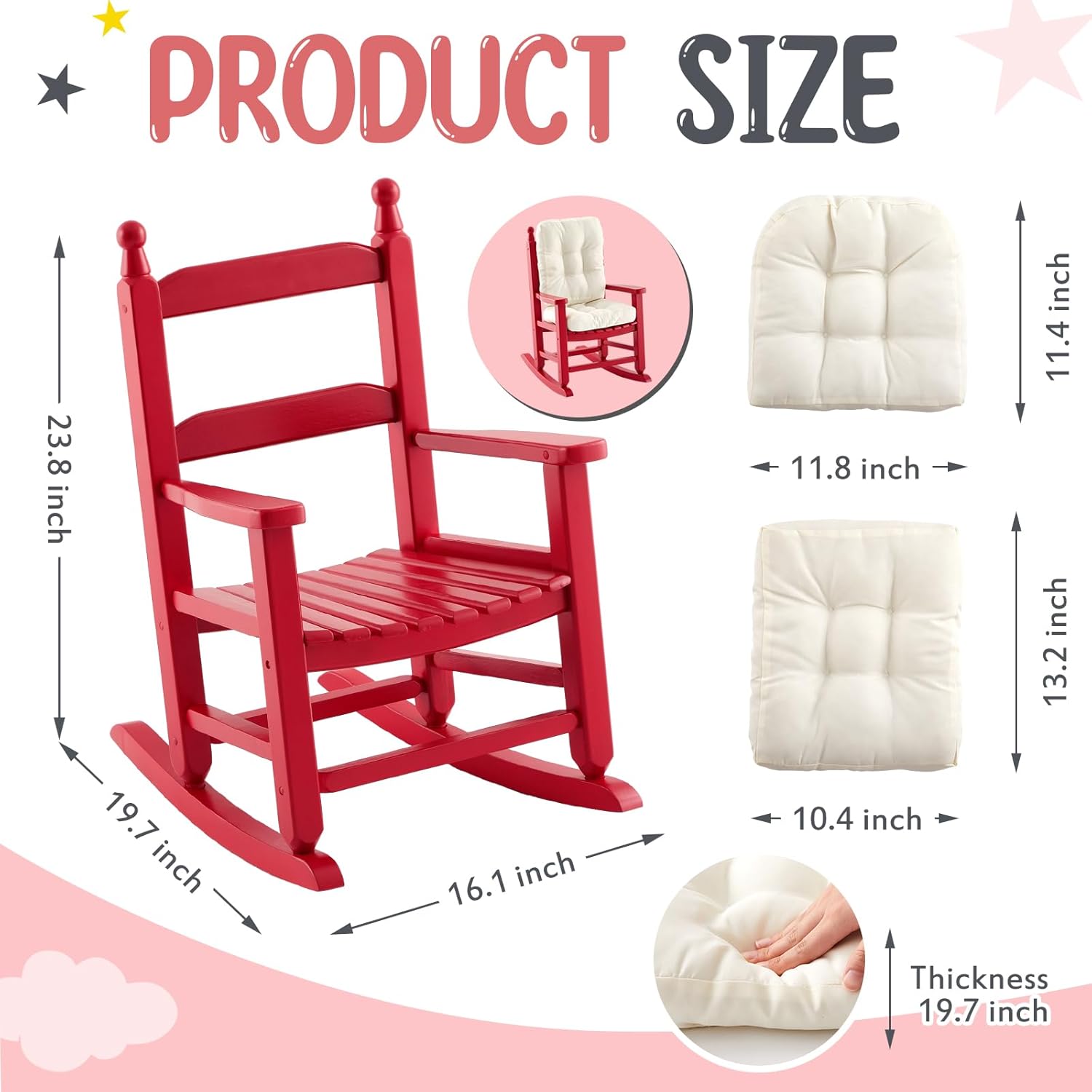Kids Rocking Chair Cushion Pad Set Toddler Rocking Chair Indoor Outdoor Wooden Rocker Child Patio Rocker for Porch Balcony Lawn Indoor Outdoor(Red,Ages 2-5)