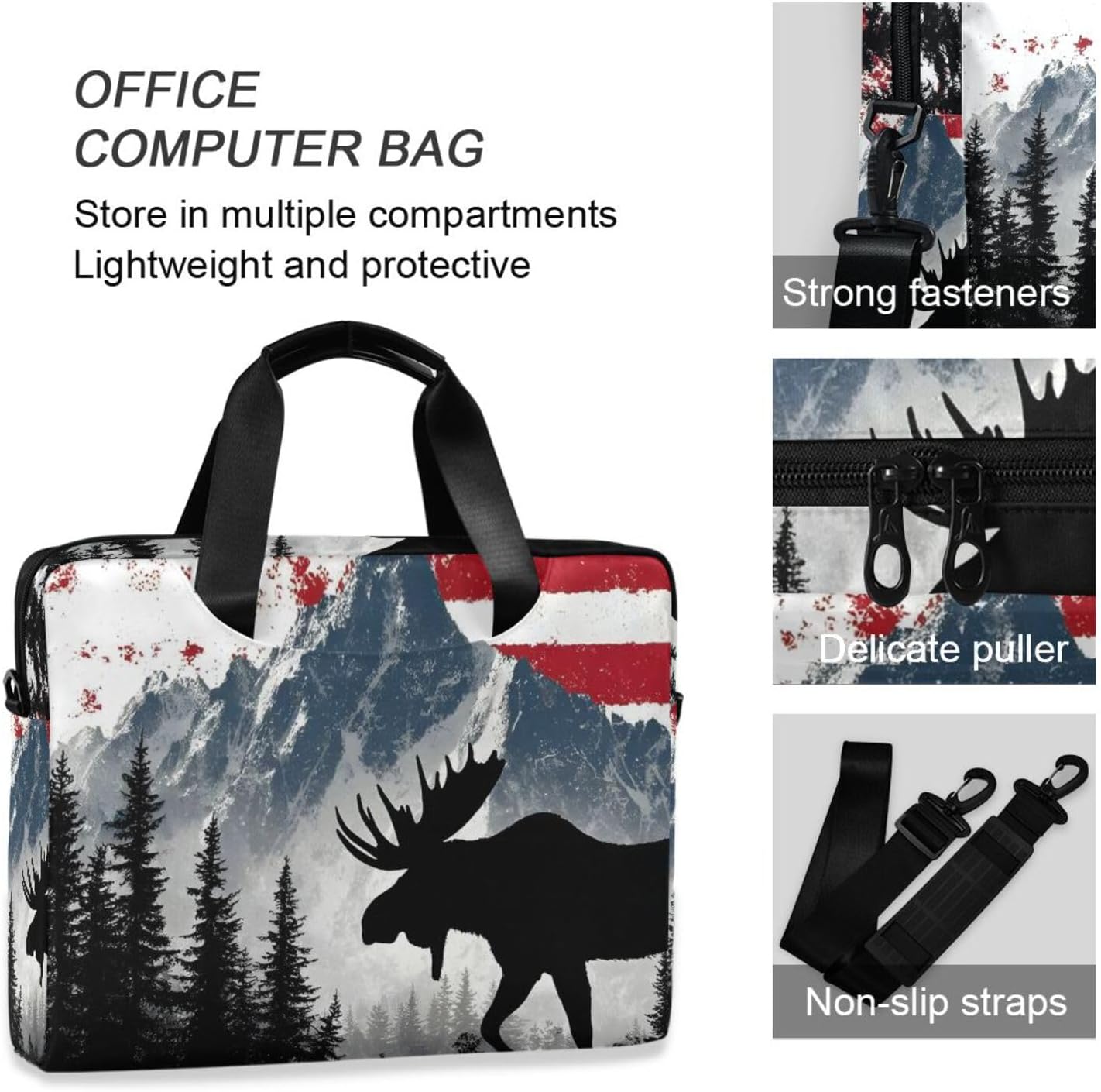 Moose Mountain Print Laptop Shoulder Bag Sleeve Case with Multi-Pockets Messenger Bag Briefcase Fits 13-16 in Laptops Tablets