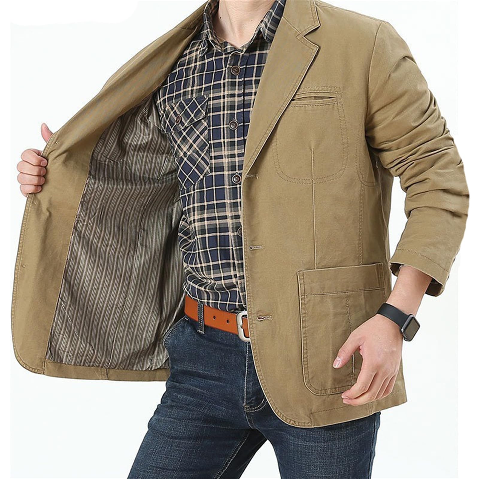 Chaqueta de Traje de algodón Lavado Casual Retro de 3 Botones para Hombres Chaqueta de Trabajo Ligera Chaqueta Deportiva