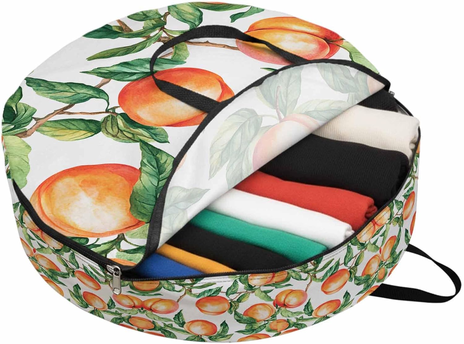 Pink Peach Round Storage Bag 36 Inch, Green Leaf Spring Fruit Branch Country Style Clothes Storage Container with Handles Heavy Duty Organizer for Comforter, Bedding & Holiday Wreaths