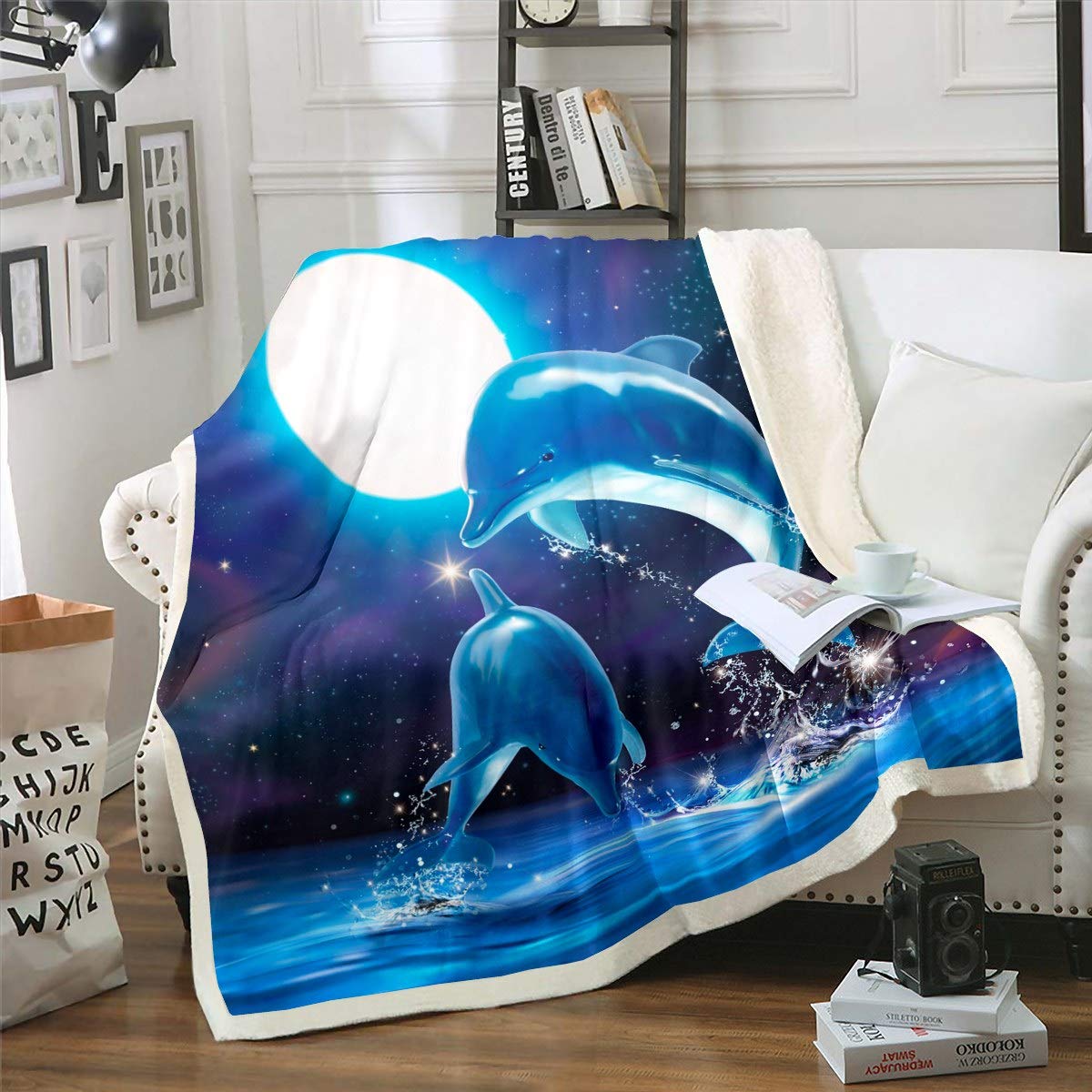 Loussiesd Dolphin Blankets and Throws for Kids Boys Girls Marine Life Ocean Theme Fleece Blankets Galaxy Wave Moon Blanket Sea Animal Throw Blanketfor Couch Bed Sofa Sherpa Blanket Single 50"x60"