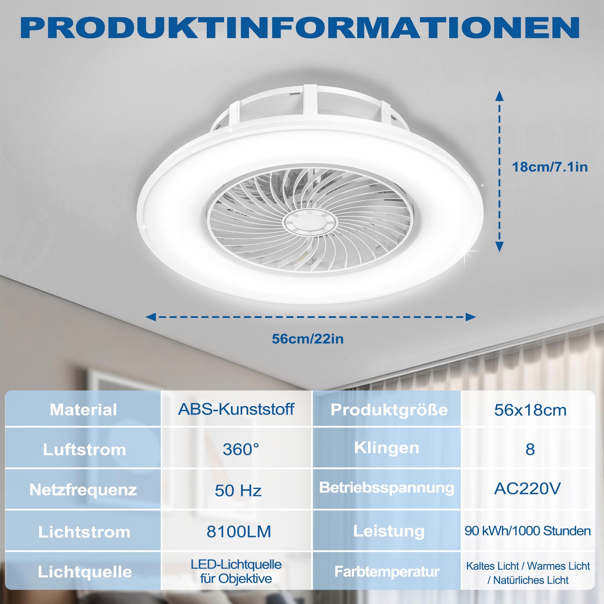 ACXIN LED Deckenventilator Mit Beleuchtung Deckenventilator mit Fernbedienung Lüfterlicht Deckenleuchte Dimmbar Modern Lüfter Lampe Ventilator Deckenlampe 90W