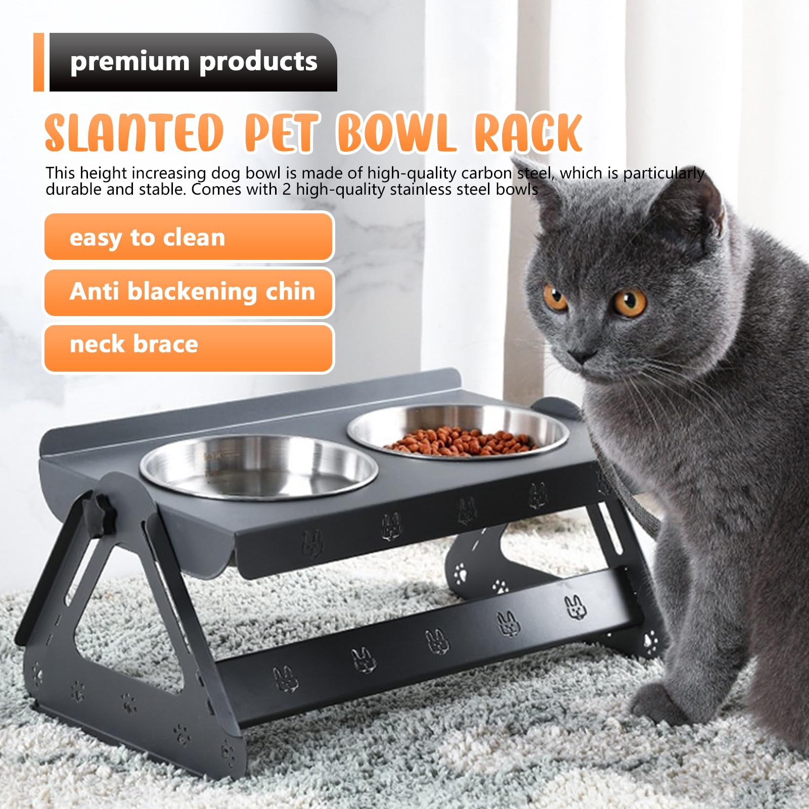 Ciotola rialzata per cani, gatti, in acciaio inox, supporto regolabile in altezza 8,5 – 16 cm, ciotola per gatti rialzata a 15°, mangiatoia con 2 grandi ciotole in acciaio inox per gatti e cani di