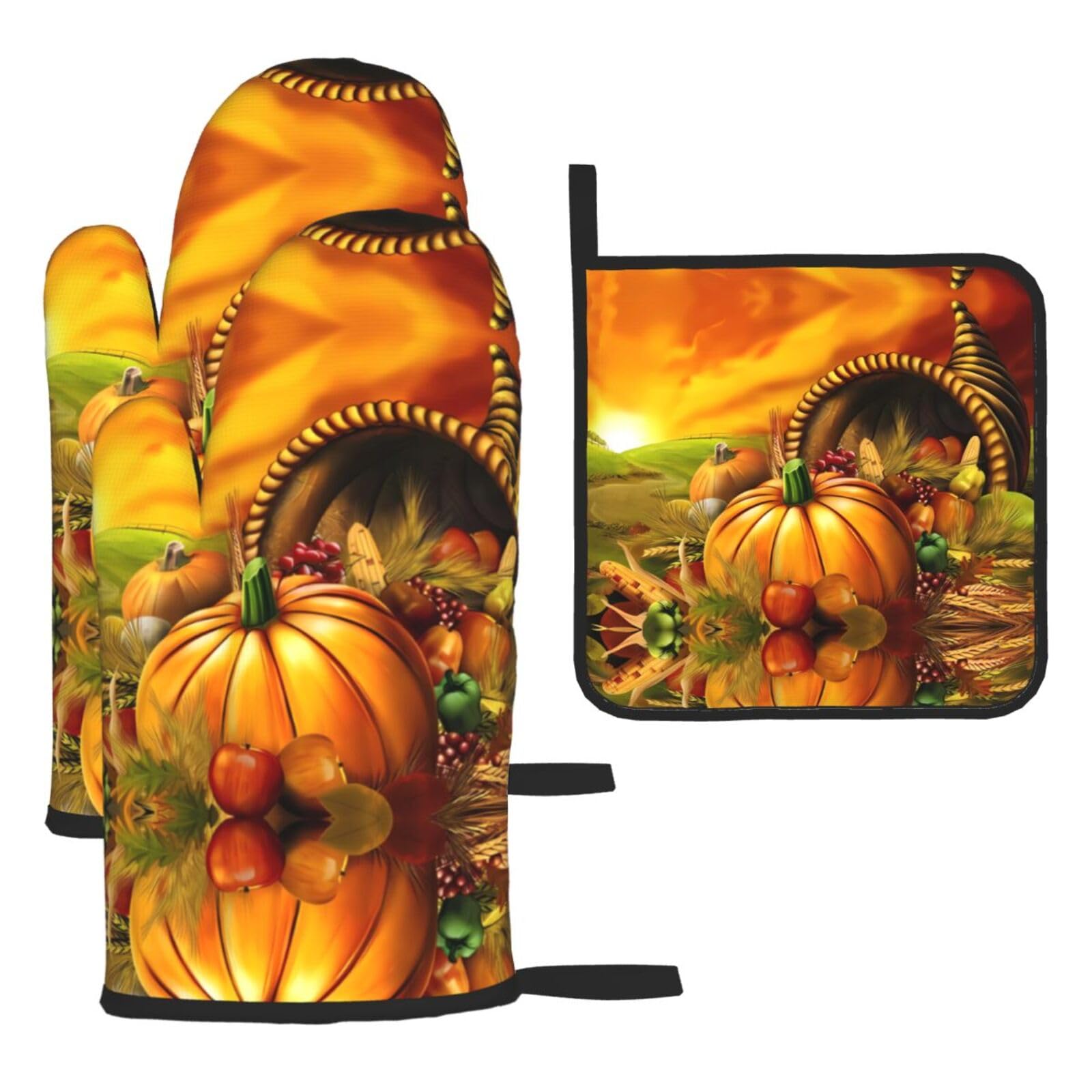 Thanksgiving Day Pumpkin Printed Oven Mitt Set 3-Piece | Heat Resistant Gloves & Pot Holder Mat for Cooking, Baking & BBQ