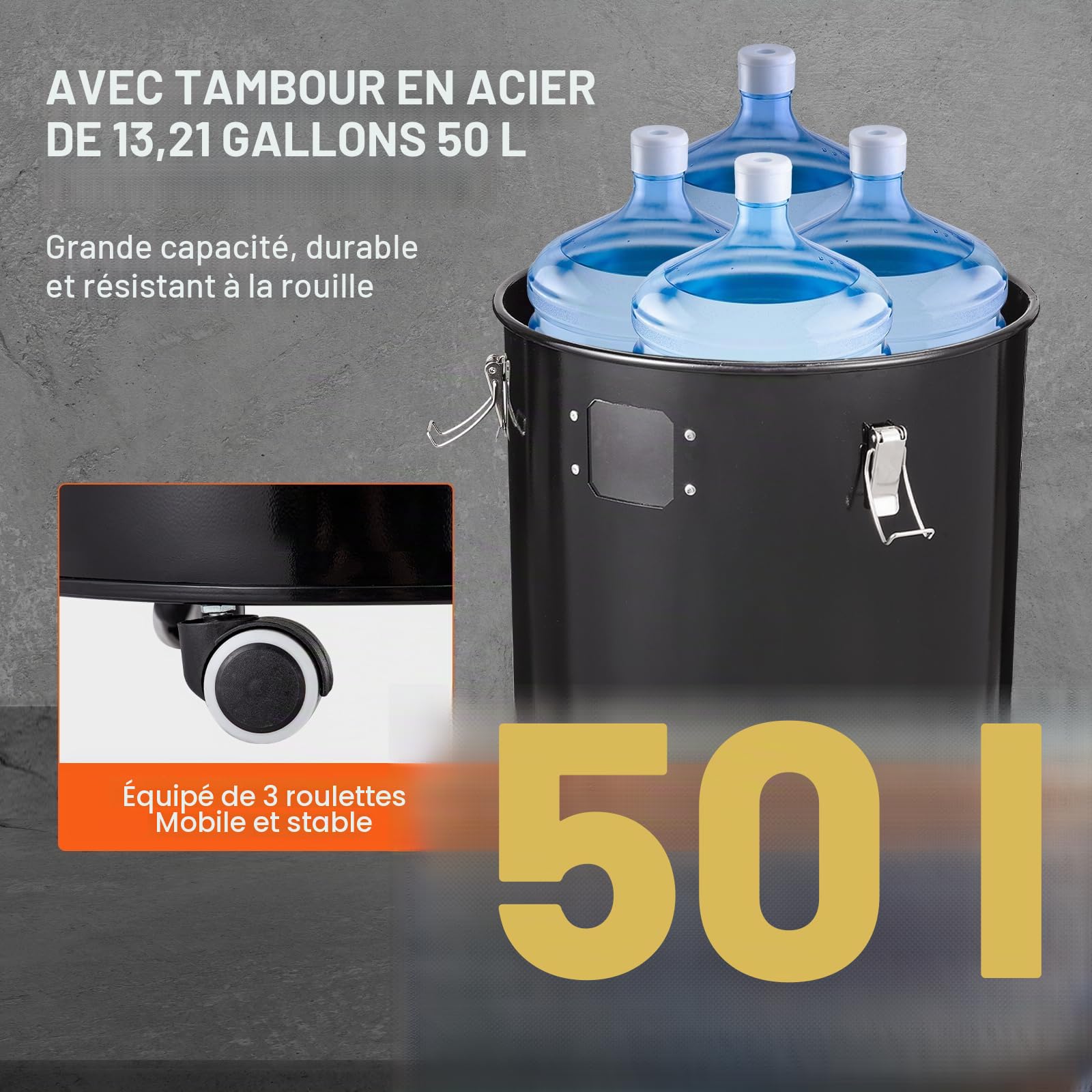 VEVOR Séparateur de poussière cyclonique avec réservoir en métal 50 L, collecteur dépoussiéreur cyclonique en ABS, avec adaptateur 50 mm, tuyau 2 m, pour aspirateurs à poudre d'atelier humides/secs