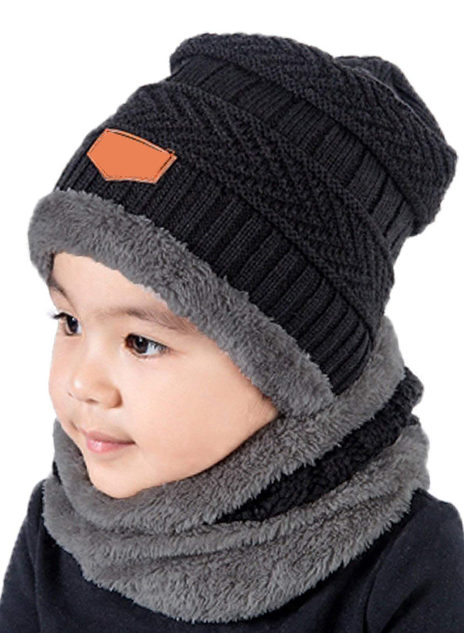 Kids Beanie Hat Scarf Set, 2 Pcs Knit Winter Warm Set for Toddler Boys Girls for 1-6 Years Old Kids Winter Beanie Hat Scarf Set with Knit Thick Warm Fleece Lined Black