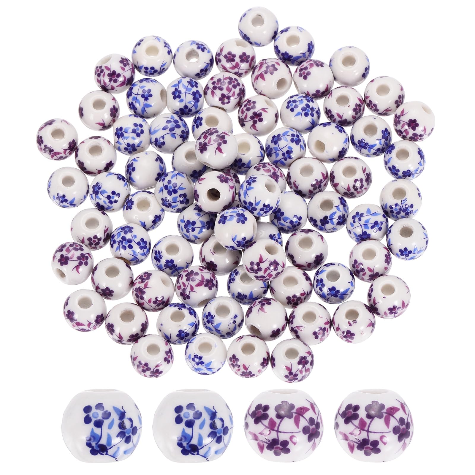 PATIKIL 80 Pcs Porcelain Beads, 10mm Printed Ceramic Beads Round Flower Beads Handmade Spacer Beads for Jewelry Making Earring Necklace DIY Crafts, Blue/Purple