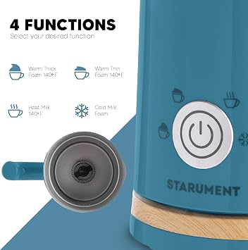 Starument Electric Milk Frother - Automatic Milk Foamer & Heater for Coffee, Latte, Cappuccino, Other Creamy Drinks - 4 Settings for Cold Foam, Airy Milk Foam, Dense Foam & Warm Milk - Easy to Use