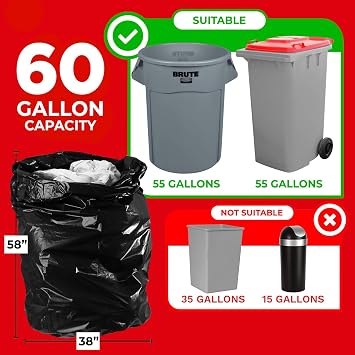 ToughBag 55 Gallon Trash Bags, 2.5 Mil Contractor Bags - 50 Count, Large 55-60 Gallon Trash Can Liners, Black Contractor Garbage Bags, 38 x 58 - Made in USA