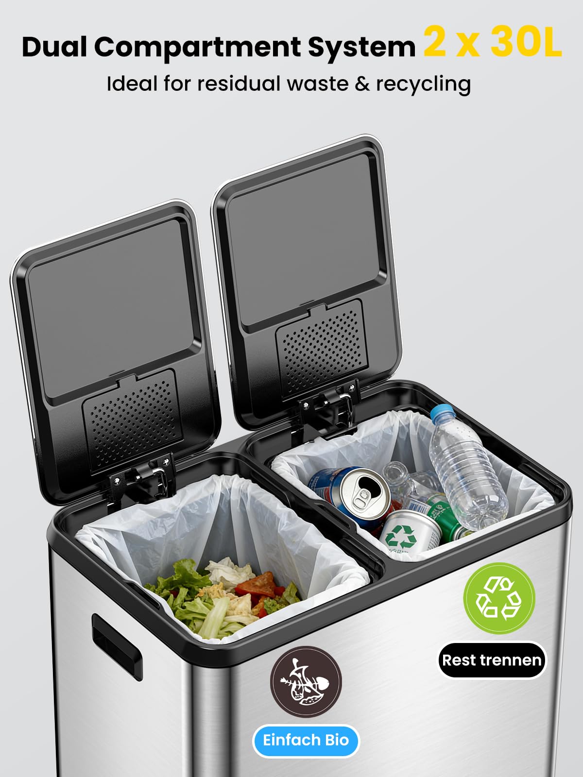 YEAUPE PRO Poubelle Cuisine 60L à Pédale, 2x30L Poubelle Tri Sélectif Double Compartiment Inox, Soft Close Silencieux, Bacs Amovibles, Anti-Odeurs, Grande Poubelle Recyclage avec 15 Sacs