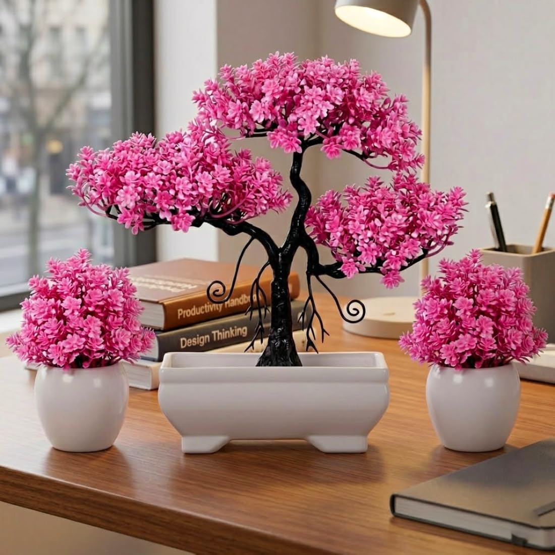 (Set of 3) Artificial Plants for Home Decor Pink Flower 28 cm Tree Realistic Looks Bonsai Tree for Bedroom, Livingroom, Office, Table, Balcony, Kitchen Indoor & Outdoor Decoration 2