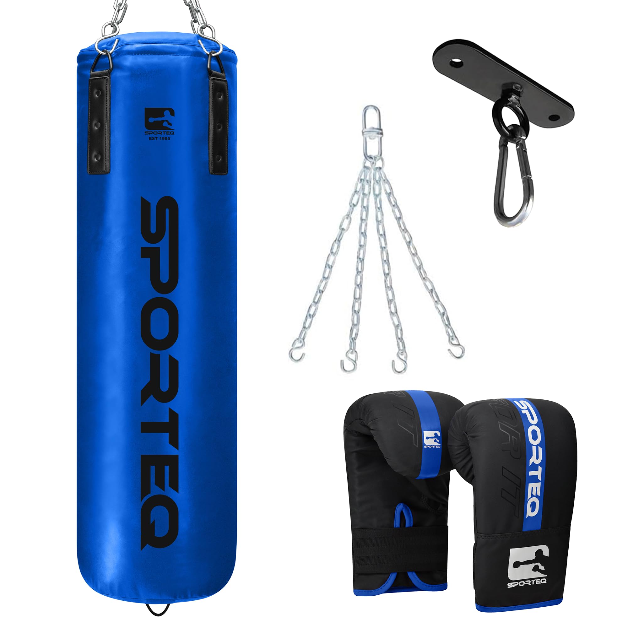 Sporteq Dyno Filled Heavy Boxing Punch Bag Set with Gloves, Chain & Ceiling Hook, 4FT Punching Bag for Boxing, Kickboxing & Muay Thai Training, Heavy Duty for Home & Commercial Gym Use