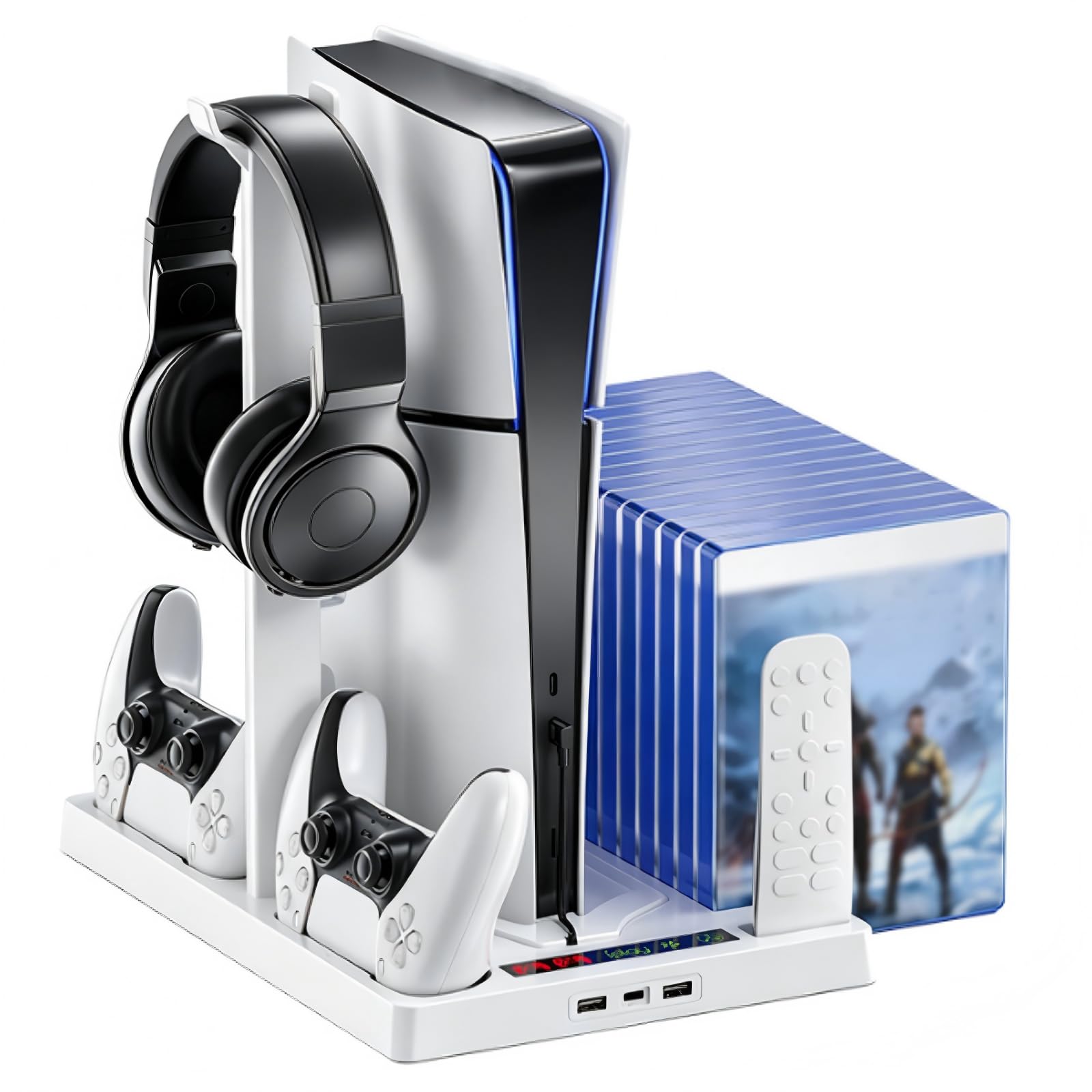 Support PS5 /PS5 Slim /PS5 Pro pour Disc et Digital avec Ventilateur, Refroidisseur PS5 avec Ventilateur de Refroidissement à 2 Vitesses, Chargeur Manette, Support de Casque, Accessoire PS5