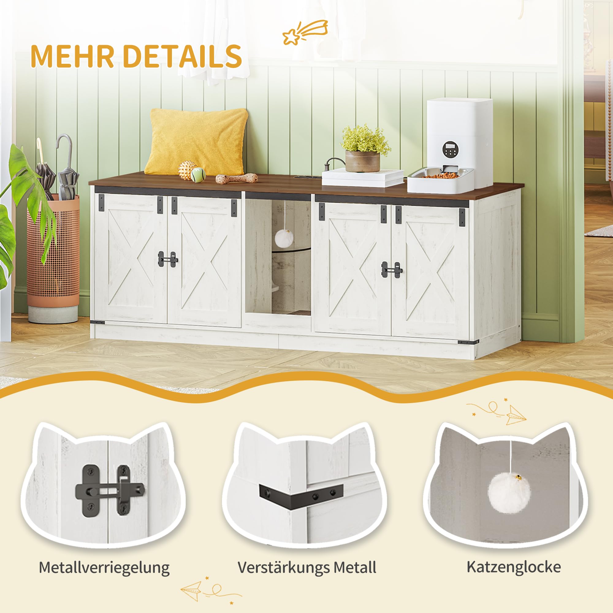 Cat Litter Box Enclosure for 2 Cats, Hidden Litter Box Furniture Cabinet with Double Room, Indoor Cats House with USB Ports & Power Outlets, Farmhouse Style, Rustic Brown and White CB82514XV1 - image 6