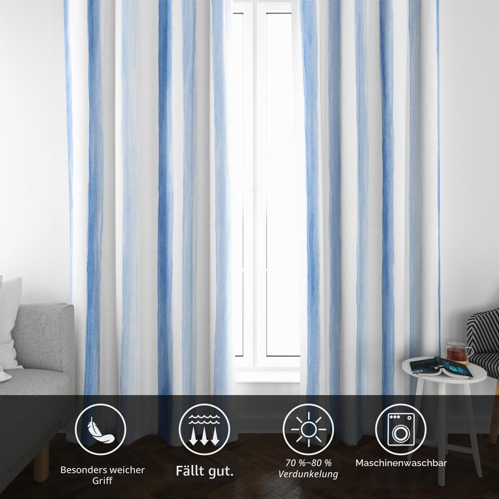Generisch Blickdichte Vorhänge Vertikal Gestreift Muster, H 245 x B 140 2er Set - Blau Weiß Streifen Fenster Gardinen mit Ösen, 245 cm Lang Curtains Wohnzimmer Schlafzimmer Deko YS233