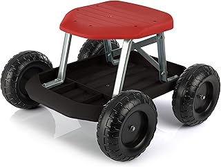 Gardening Stool - Rolling Garden Seat with Wheels and Storage Tool Tray - Garden Cart Scooter - Yard Tools by Pure Garden (Red and Black)