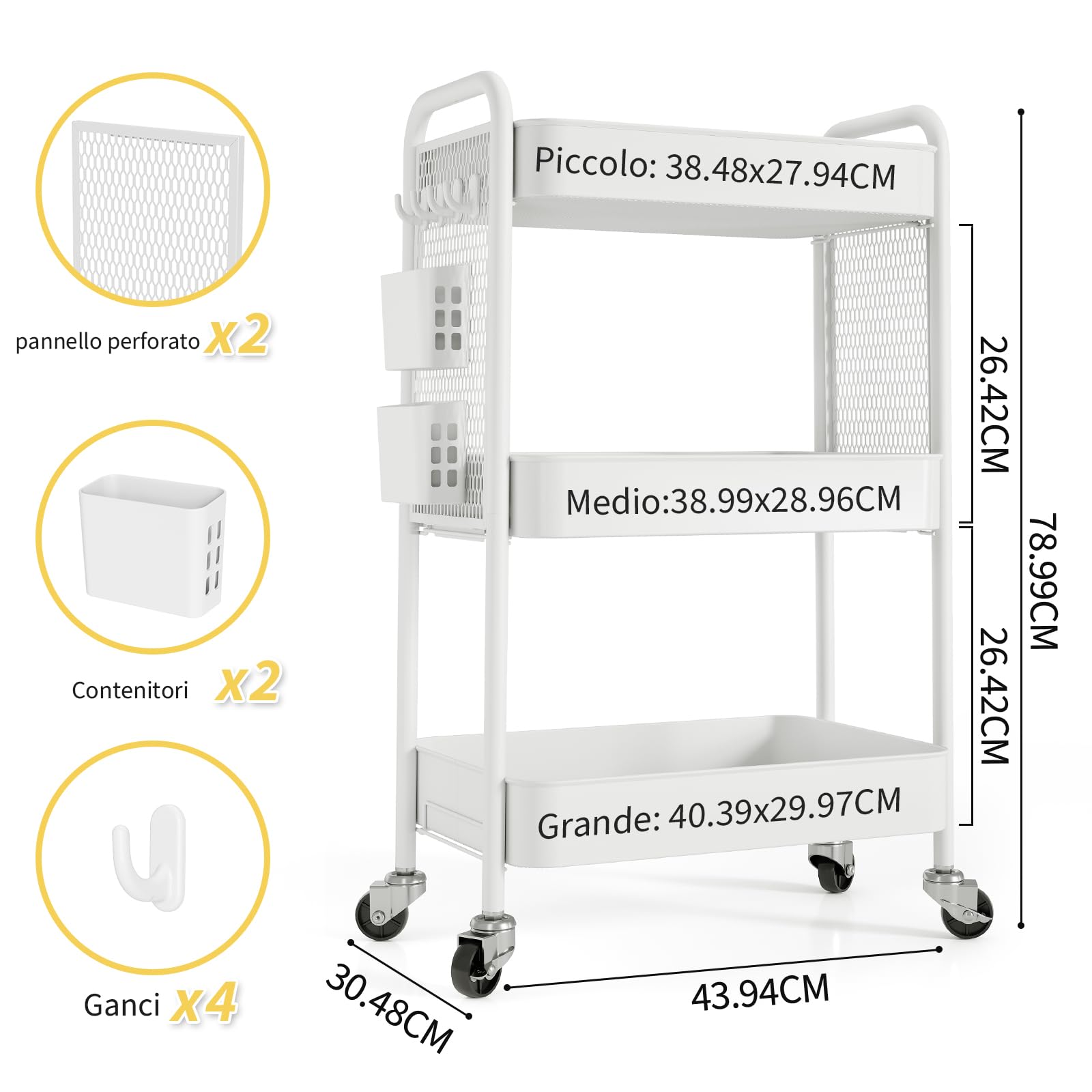 Urackify Carrello portaoggetti per varie applicazioni, carrello in metallo a 3 livelli con pannelli forati fai da te, cesti e ganci per riporre extra in cucina, bagno, ufficio, aula e altro ancora,