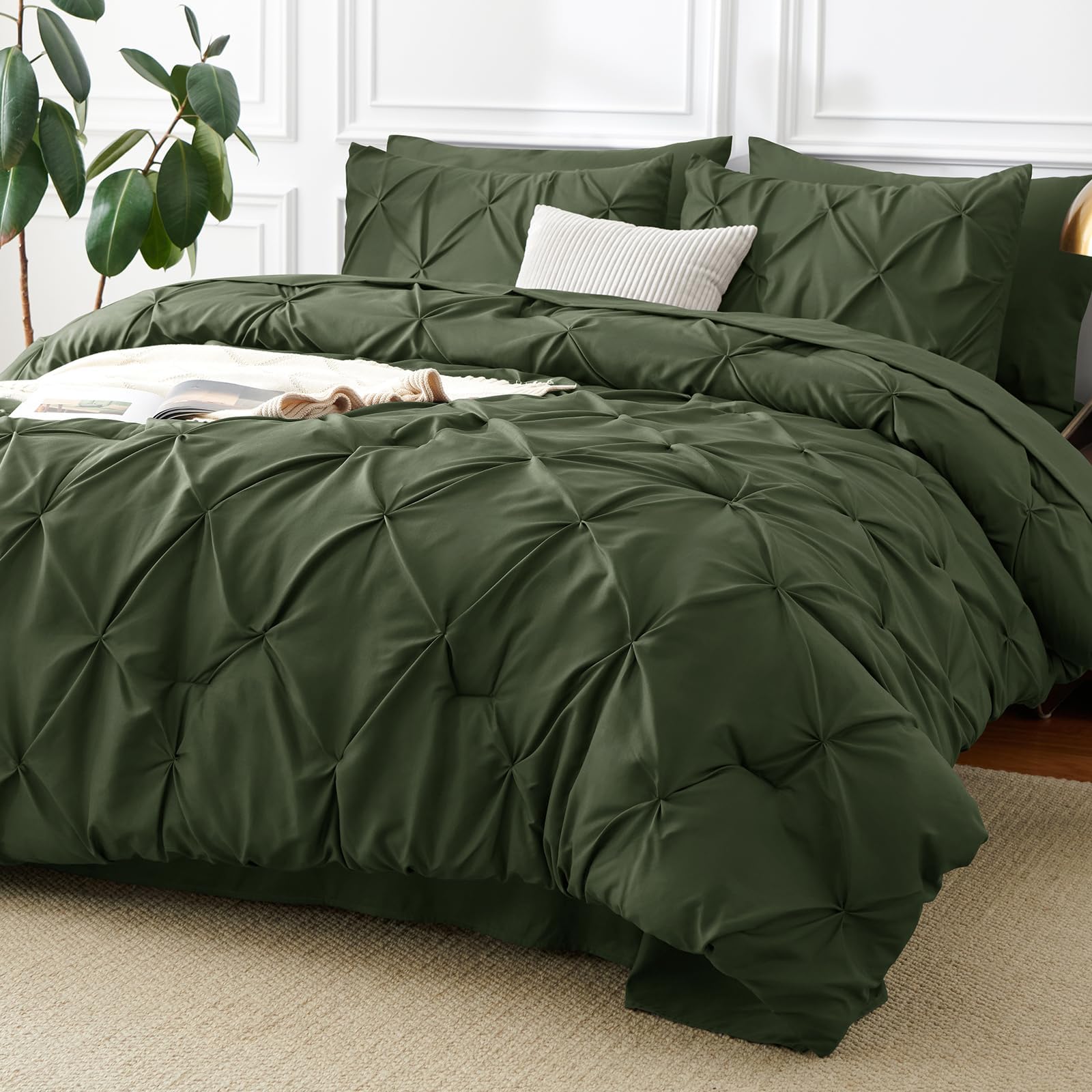 CozyLux Queen Comforter Set Olive Green, 7 Pieces Pintuck Bed in A Bag, All Season Comforter Queen Size, Bed Set Gift for Family, Pinch Pleat Bedding Sets with Comforter, Sheets, Pillowcases & Shams